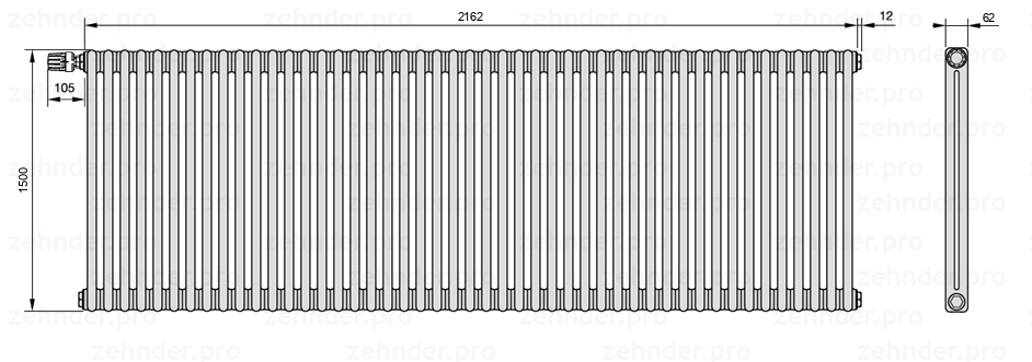 Схема (чертеж) Радиатор Zehnder Charleston 2150/47 №V012 Белый глянцевый RAL 9016